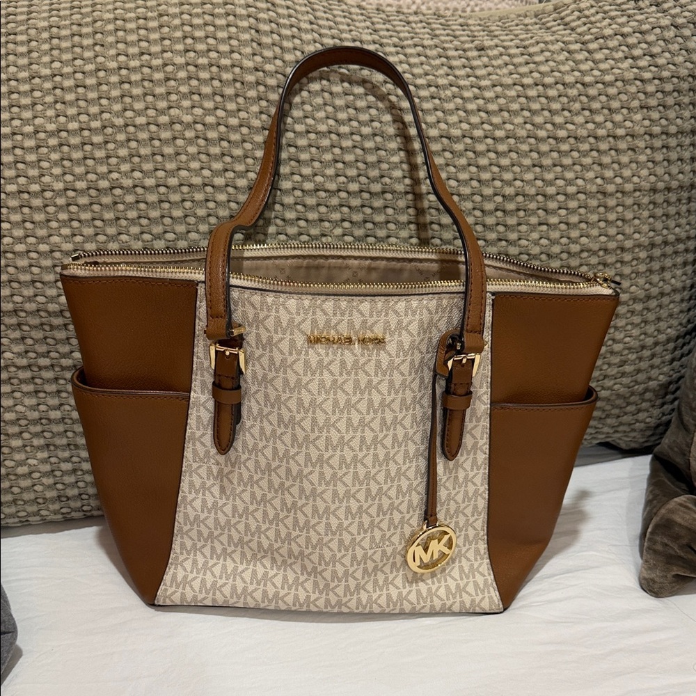 Michael Kors Vanilla & Brown Signature Tote with Gold Hardware